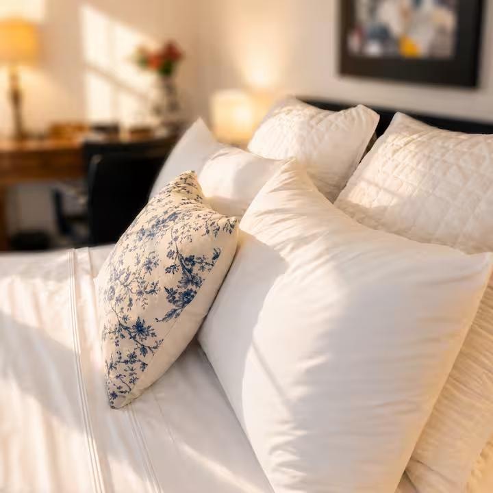 King bed with white linens, blue floral pillow, work desk and Santorini artwork